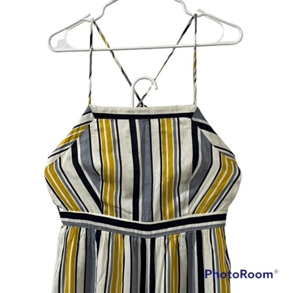 Mystree Yellow Striped Overall Crisscross Open Back Romper Jumpsuit Sz Medium - Picture 2 of 12